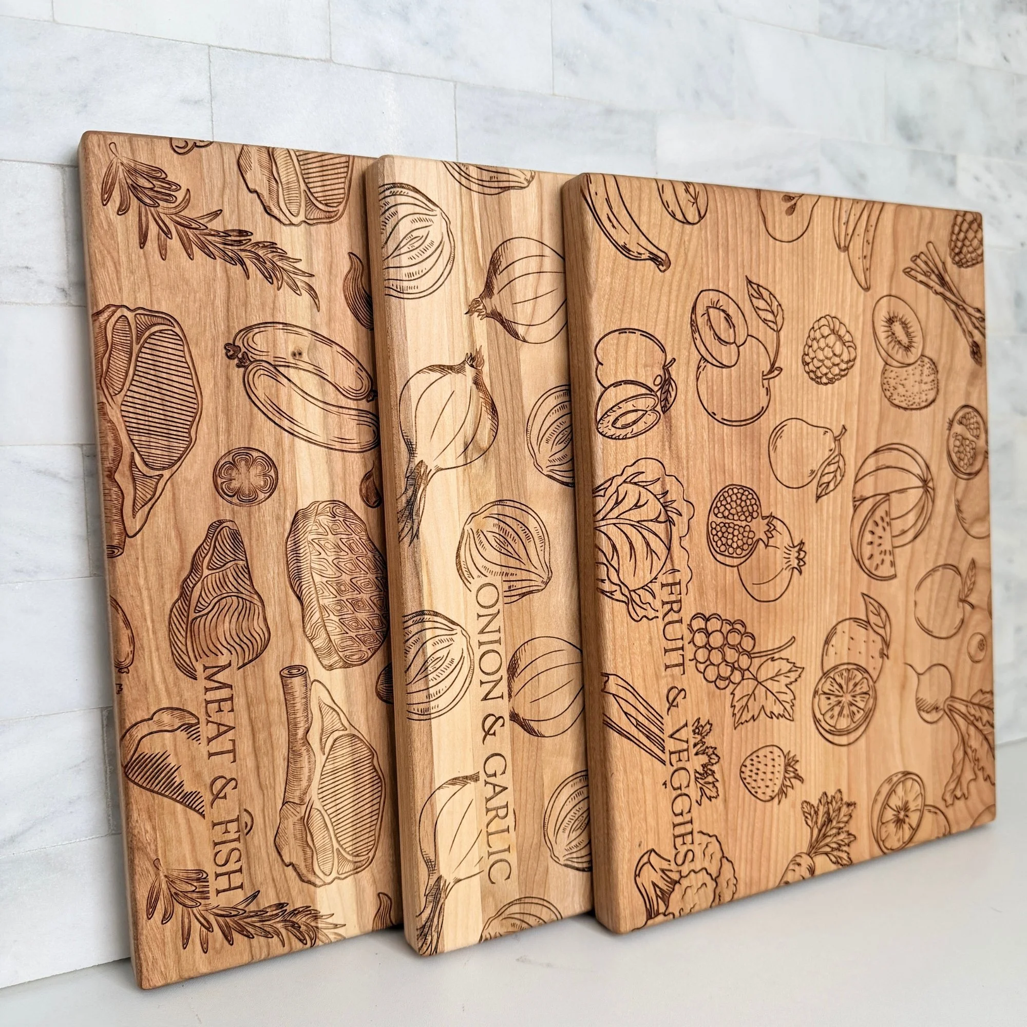 Cherry Wood Cutting Board Set (Fruit, Meat & Vegetable) Engraved